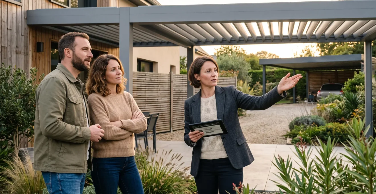 Agent immobilier présentant pergola bioclimatique et aménagements extérieurs à un couple d'acquéreurs lors d'une visite de propriété en zone périurbaine