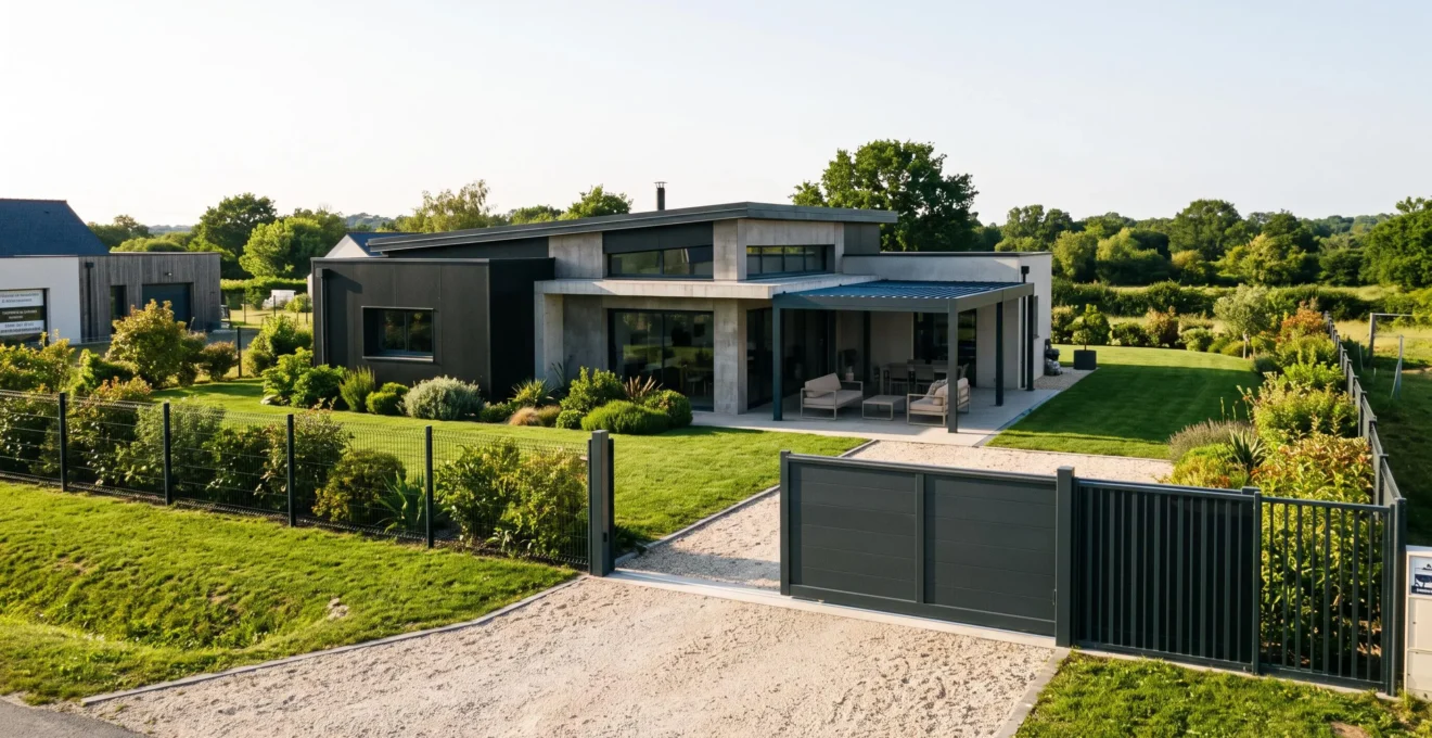 Maison contemporaine périurbaine avec portail aluminium moderne, clôture design et pergola bioclimatique sur terrasse, jardin soigné de 400 m² en zone Pays de la Loire
