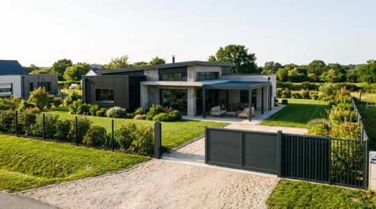 Maison contemporaine périurbaine avec portail aluminium moderne, clôture design et pergola bioclimatique sur terrasse, jardin soigné de 400 m² en zone Pays de la Loire
