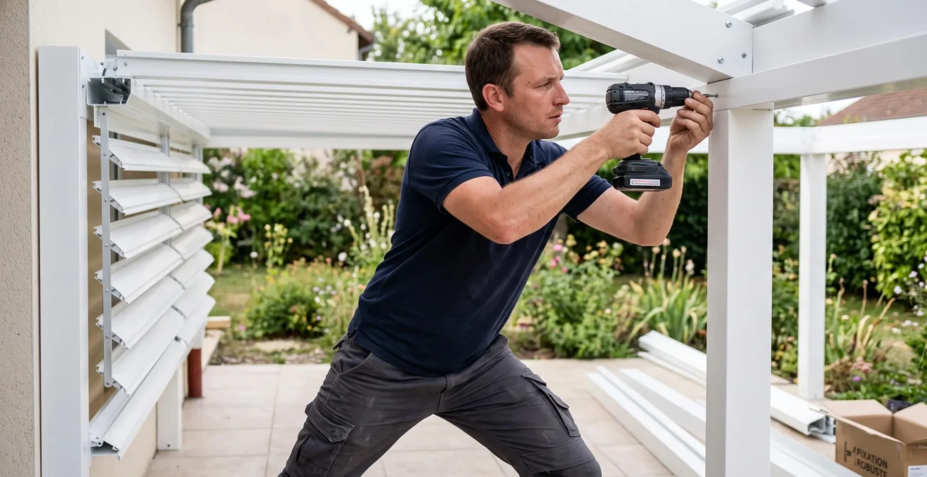 Technicien professionnel installant une pergola bioclimatique en aluminium sur terrasse résidentielle, visseuse en main, structure partiellement montée avec lames orientables