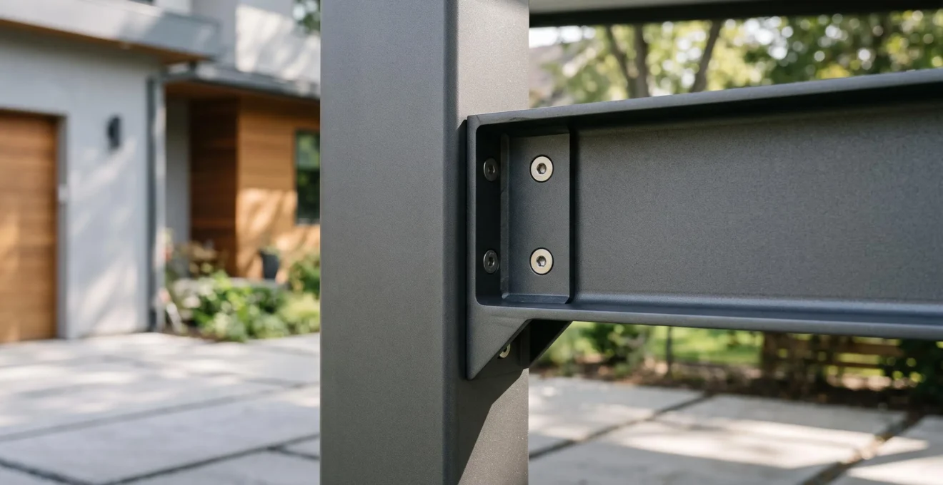 Détail rapproché de la structure en aluminium d'un carport moderne montrant la qualité des finitions et des assemblages