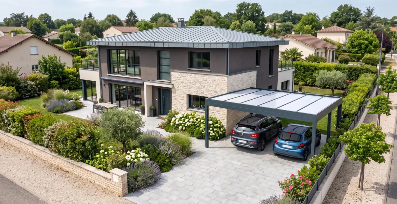 Maison périurbaine française contemporaine avec carport en aluminium moderne abritant des véhicules, intégré harmonieusement à l'architecture de la propriété