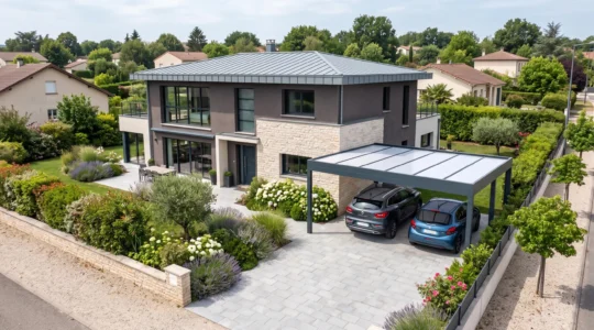 Maison périurbaine française contemporaine avec carport en aluminium moderne abritant des véhicules, intégré harmonieusement à l'architecture de la propriété