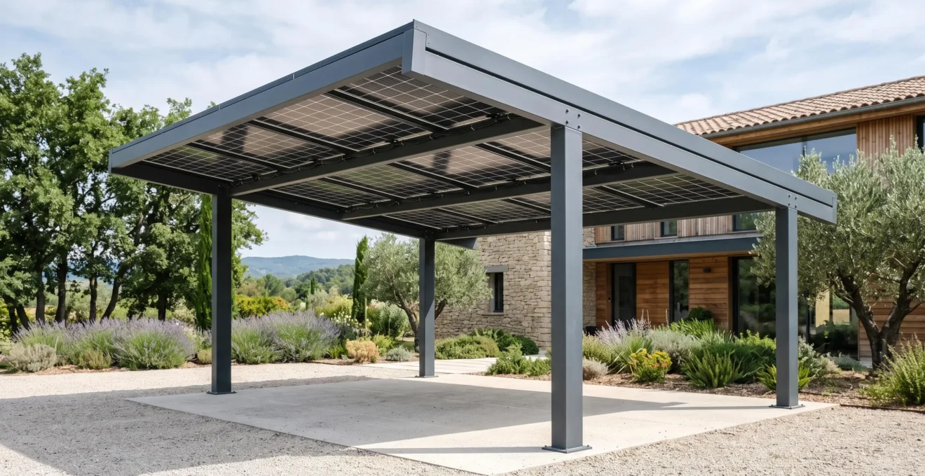 Structure de carport en aluminium avec panneaux photovoltaïques intégrés en toiture, installation résidentielle moderne
