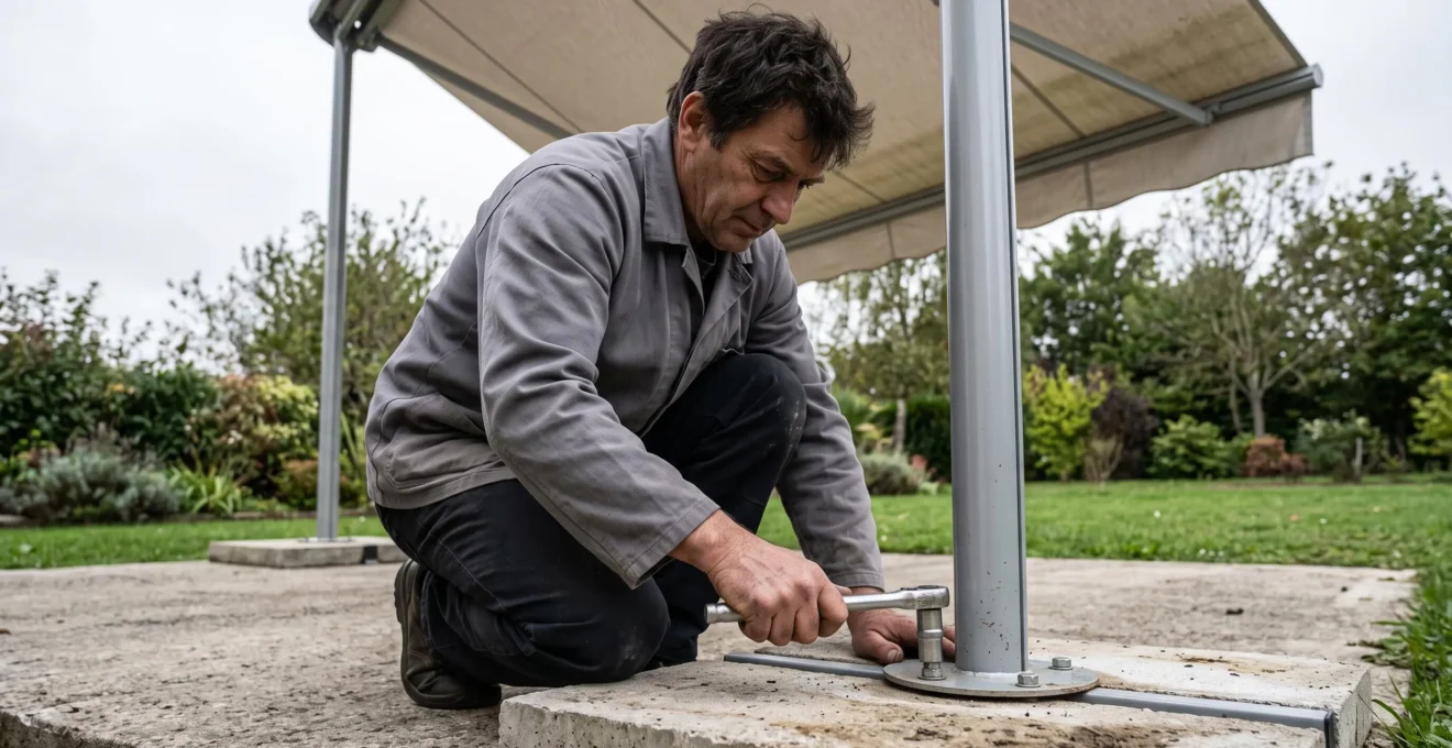 Un homme vérifie au moyen d'une clé à douille le boulon de fixation du platine lesté d'un poteau de store autoportant sur une dalle en béton.