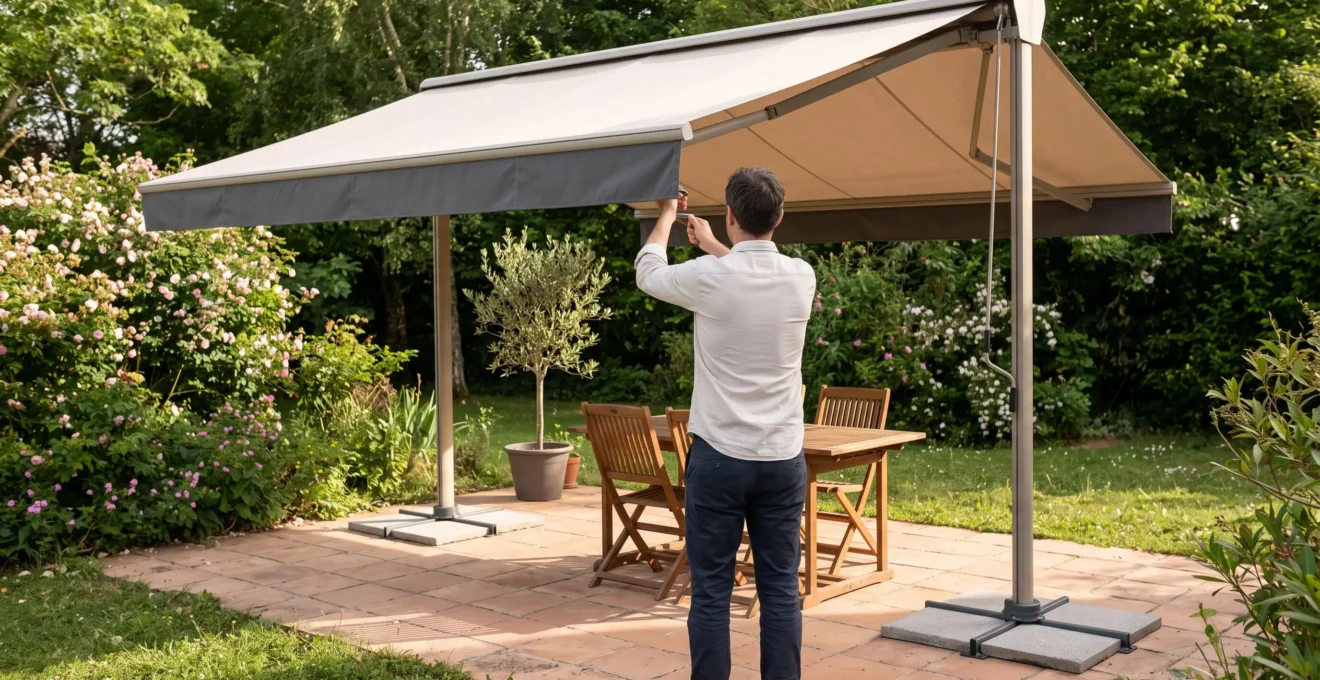 Un store double pente autoportant installé au milieu d'une terrasse de jardin, tendu au-dessus d'une table basse en bois, sans aucune fixation murale.