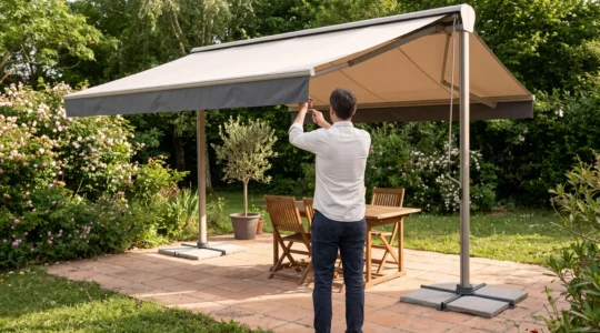 Un store double pente autoportant installé au milieu d'une terrasse de jardin, tendu au-dessus d'une table basse en bois, sans aucune fixation murale.